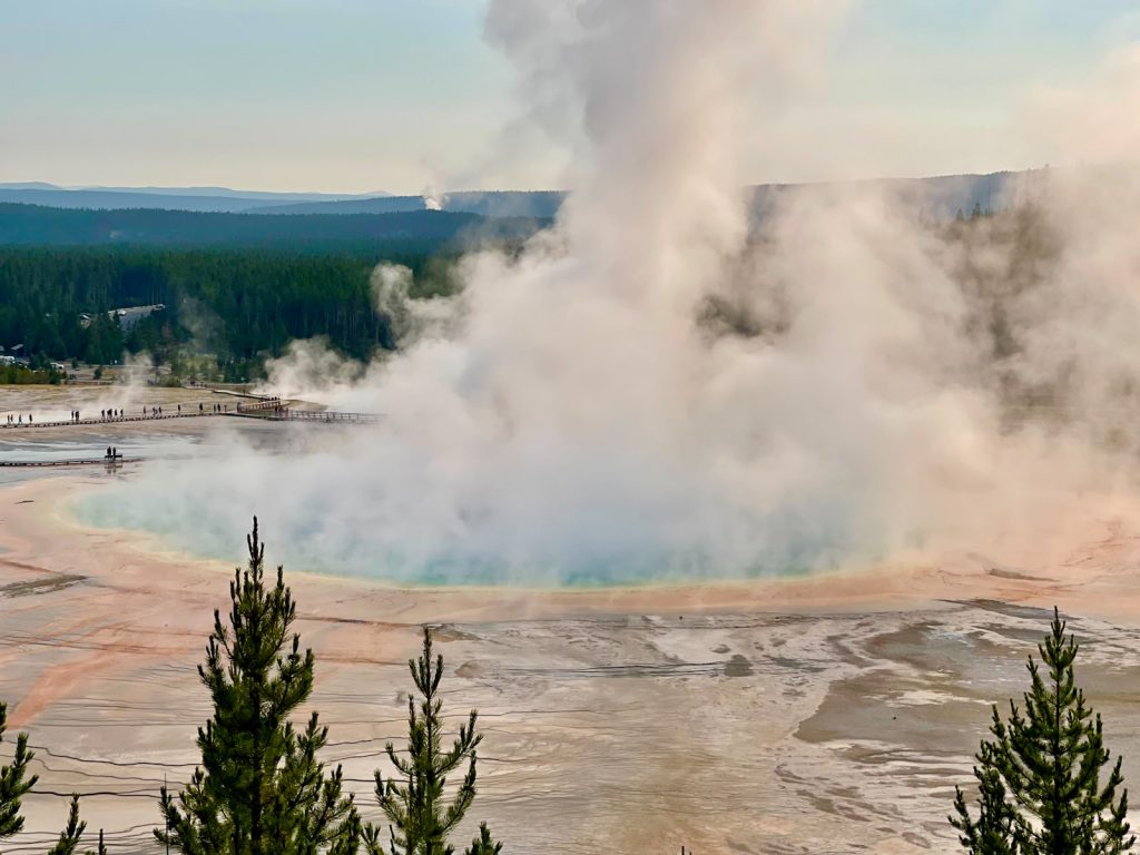 Grand Prismatic pool from the overlook with steam coming off of it