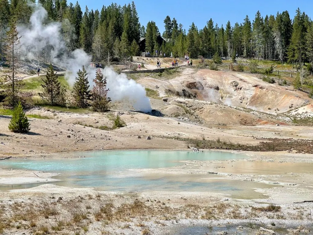 geyser basin with blue water and steam vents in Yellowstone