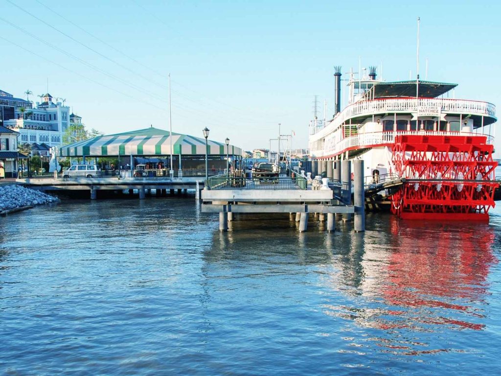 steamboat and dock in New Orleans-one of the best day trips from New Orleans