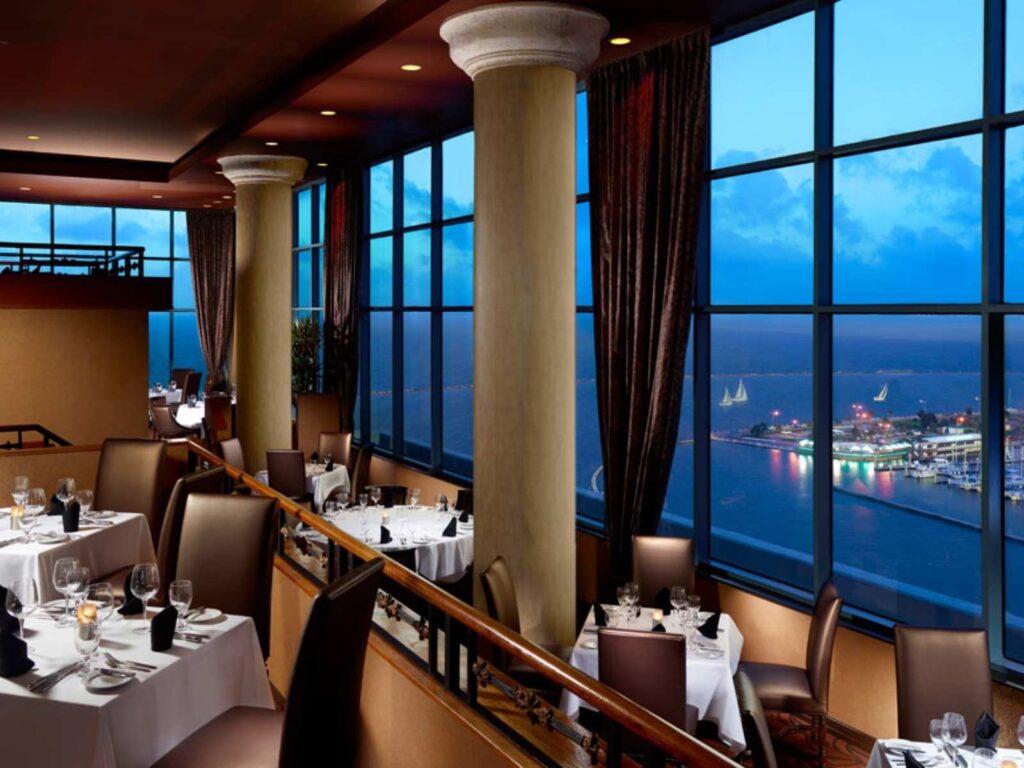 restaurant with windows that look out over the ocean