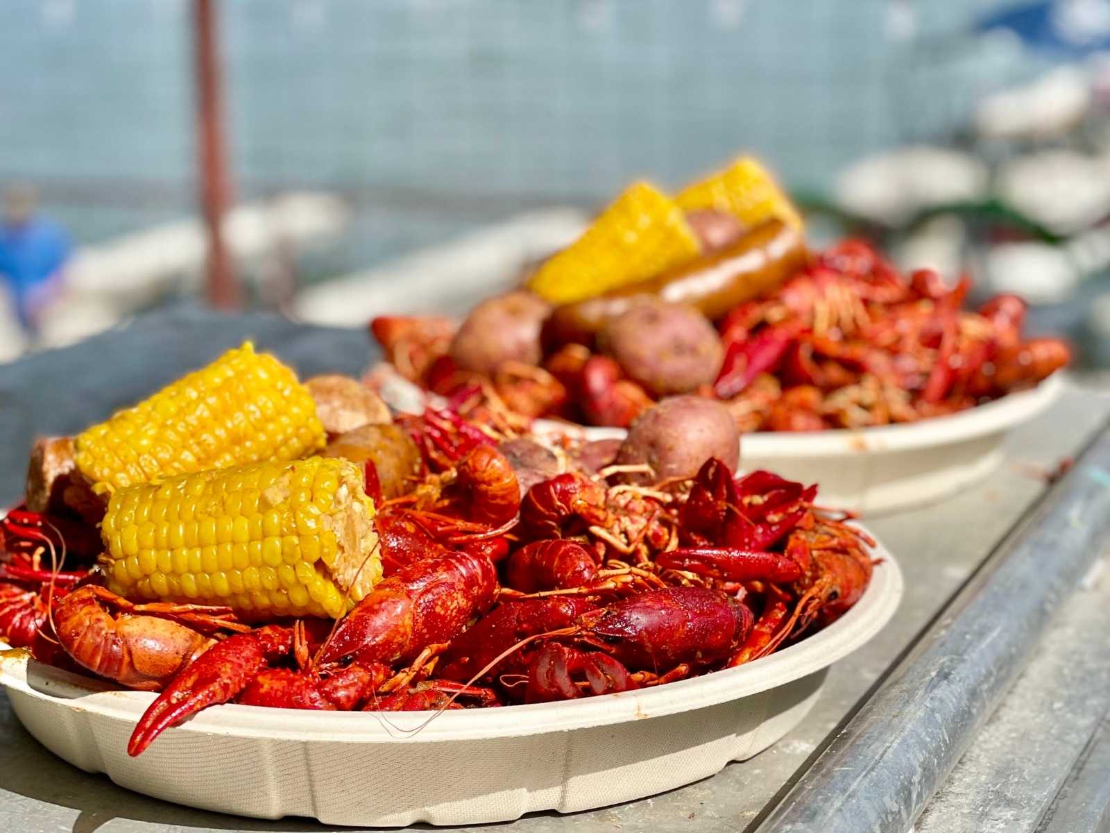 crawfish and corn on a platter
