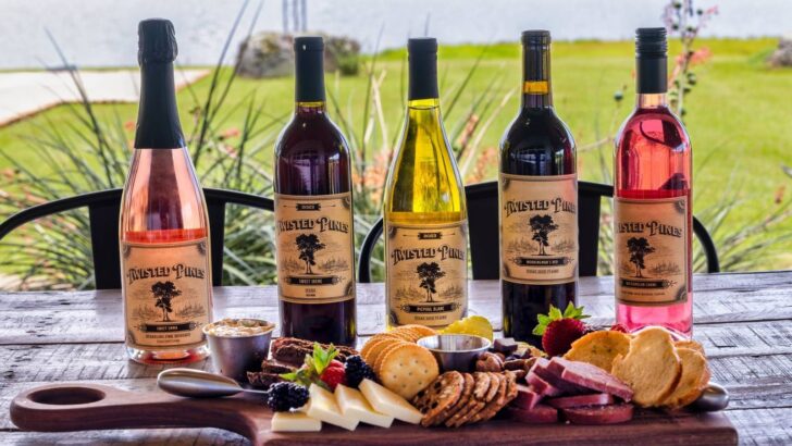 Bottles of twisted Pines wine behind a charcuterie board